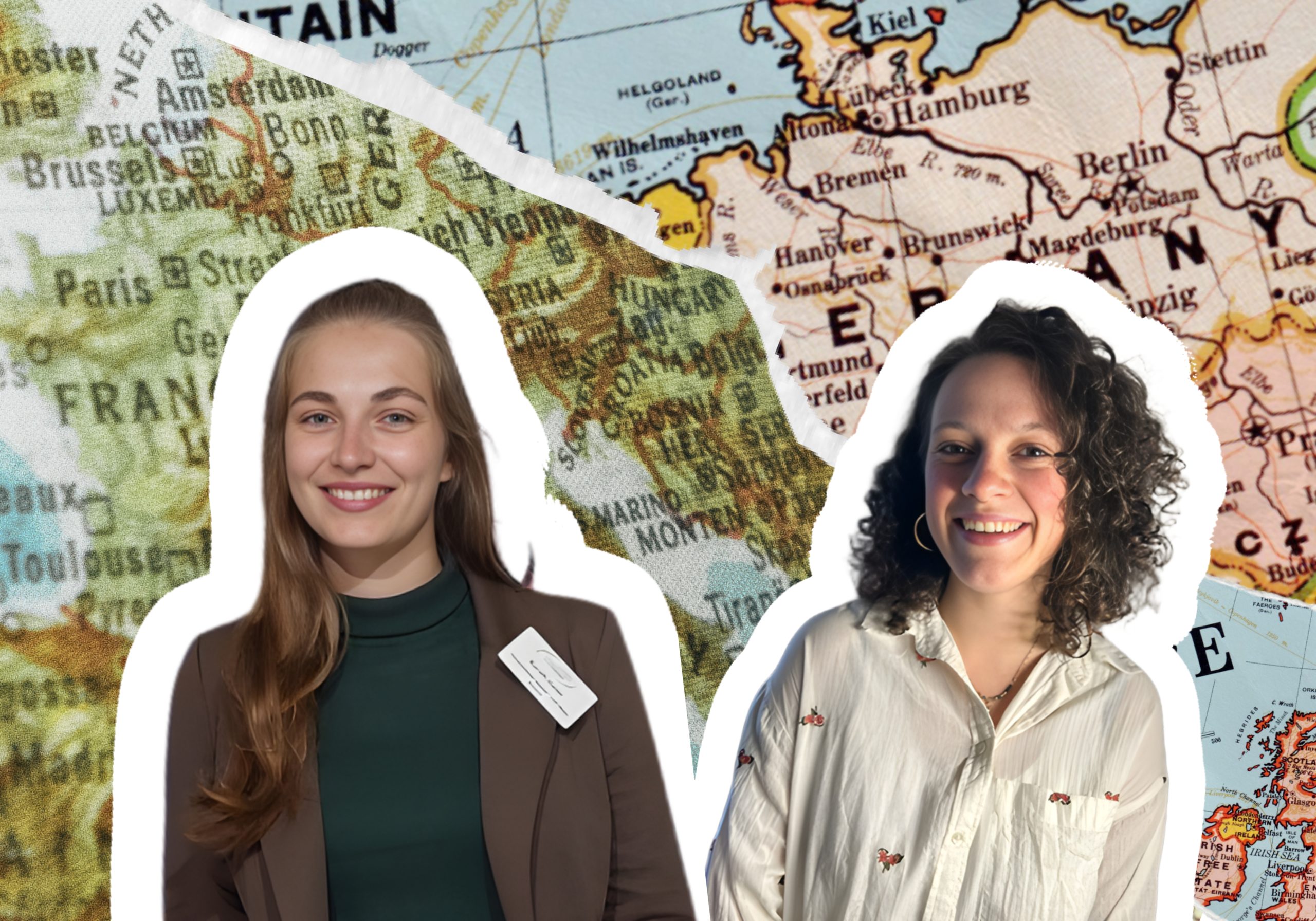 Interkulturelle Praktikumserfahrungen Auf dem Foto sind die beiden ehemaligen DFH-Studentinnen Sarah Heier und Maëlle Fichot vor einer Collage zweier Landkarten zu sehen.