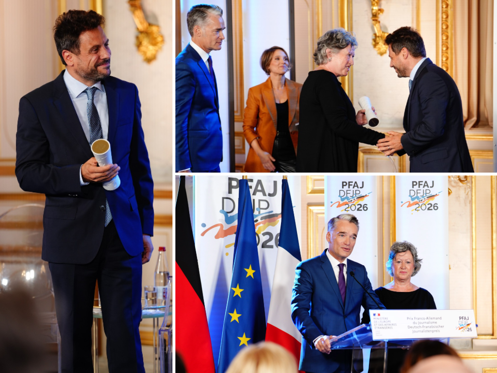 Das Präsidium der DFH übergibt den Preis an Benjamin Fischer, Geschäftsführer von ARTE Deutschland, der Christoph Peters bei der Preisverleihung vertritt ©DFJP Das Präsidium der DFH übergibt den Preis an Benjamin Fischer, Geschäftsführer von ARTE Deutschland, der Christoph Peters bei der Preisverleihung vertritt ©DFJP